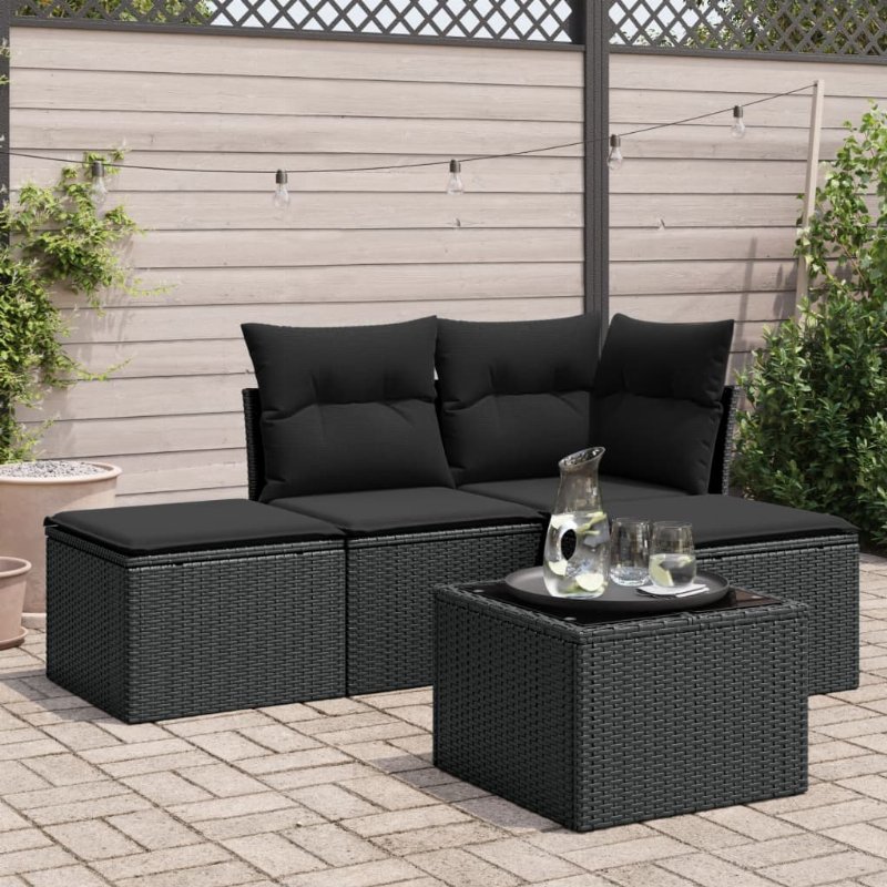 Hkh 5 Pcs Conjunto Sofás De Jardim Com Almofadões Vime Pe - Preto