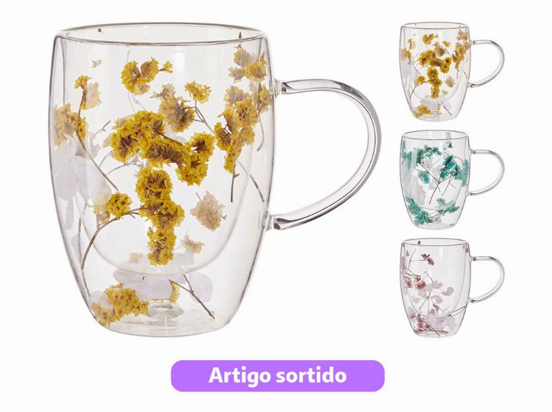 Caneca Chá Vidro Duplo 350 ml Modelos Sortidos