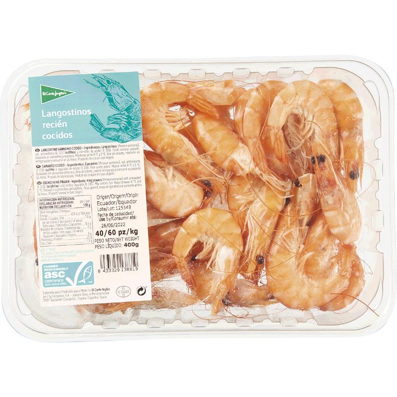 Camarão Aquicultura Cozido Vannamei 40/60 Peso Aproximado Por 400 g
