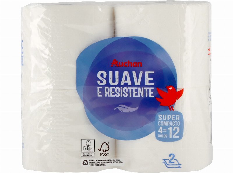 Papel Higiénico Auchan Suave E Resistente Folha Dupla Super Compacto 4 Rolos = 12 Rolos