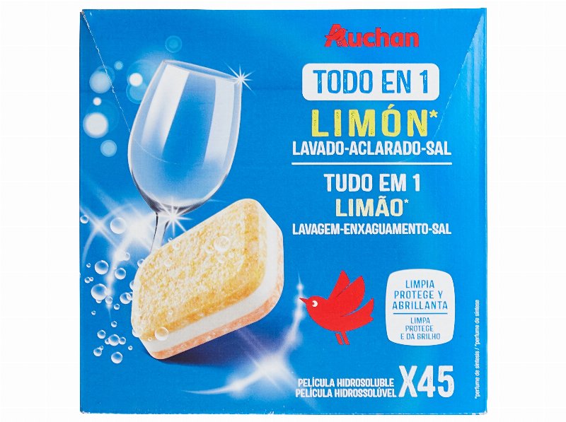 Detergente Auchan Máquina Loiça Pastilha Tudo Em 1 Limão 45Un