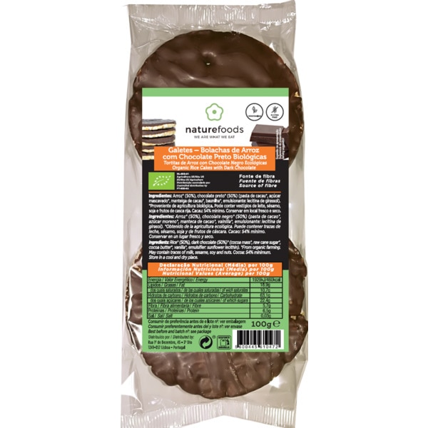 Bolachas De Arroz Com Chocolate Preto Sem Glúten Biológicas 100 g