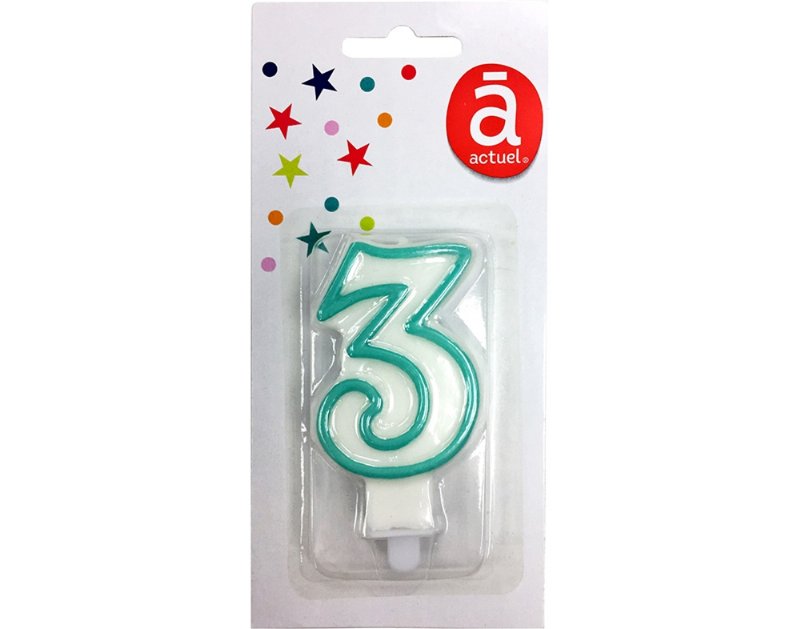 Vela De Aniversário Actuel Branco Com Rebordo Azul Número 3