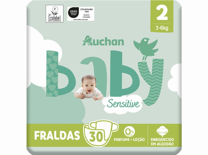 Fraldas Auchan Baby Sensitive Ecológicas Tamanho 2 3-6 kg 30Un