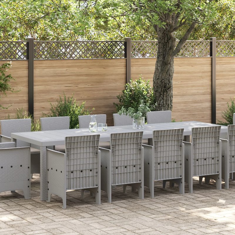 Conjunto De Jantar De Jardim De 13 Peças Com Almofadas Cinza Claro Polirattan, Mesa De Jardim Cinza Claro 150X100X73 Cm Polirattan, Cadeiras De Jardim Com Almofadas 4 Pcs Cinza Claro Polirattan - Cinzento-Claro