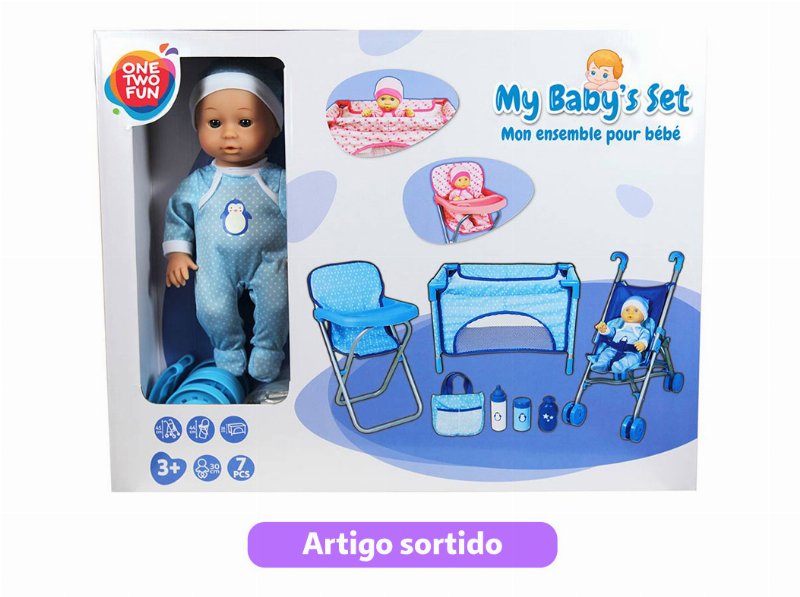 Boneco Bebé Com Carro Cama Cadeira E Saco One Two Fun Modelos Sortidos