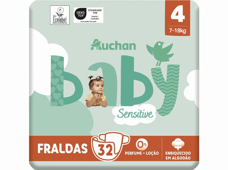 Fraldas Auchan Baby Sensitive Ecológicas Tamanho 4 7-18 kg 32Un