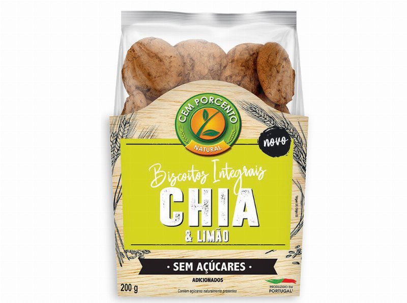 Biscoitos Integrais Cem Porcento Sem Açúcar Adicionado Chia Limão 200 g