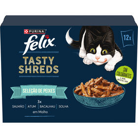 Comida Húmida Para Gato Tasty Shreds Seleção Peixes Salmão Atum Bacalhau E Solha Purina Felix 12 X 80 g
