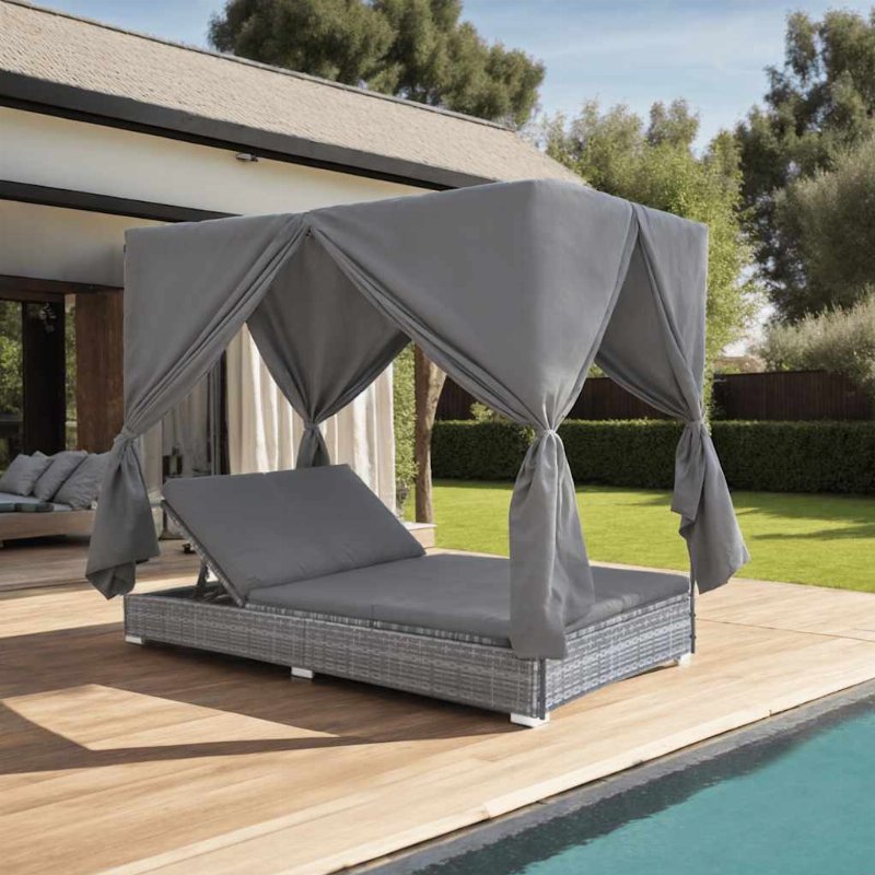 Hkh Espreguiçadeira De Exterior Com Cortinas Em Vime Pe Cinzento - Cinzeto