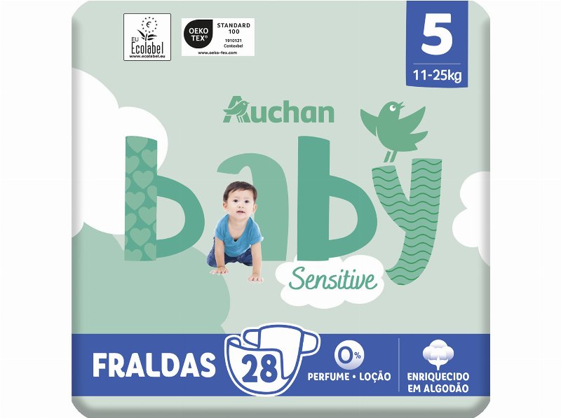 Fraldas Auchan Baby Sensitive Ecológicas Tamanho 5 11-25 kg 28Un