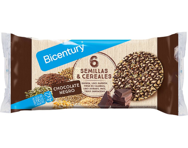 Tortitas Bicentury Arroz 6 Sementes E Cereais Com Chocolate Preto 112 g