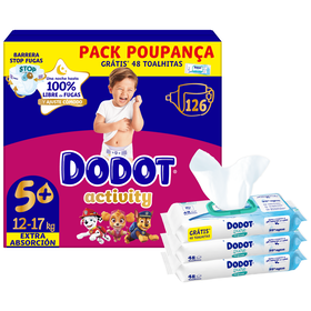 Conjunto Fraldas Activity 12-17 kg T5+ E Toalhitas Bebé Aqua Pure Dodot 126 Un + 96 Un + Oferta 48 Un