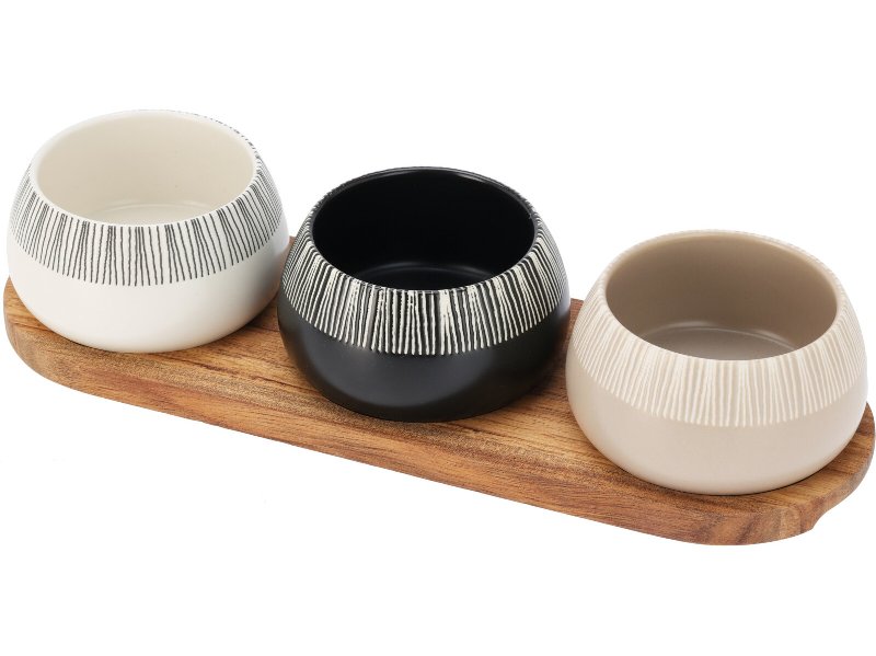 Conjunto De 3 Taças Servir Grês Com Tabuleiro Madeira
