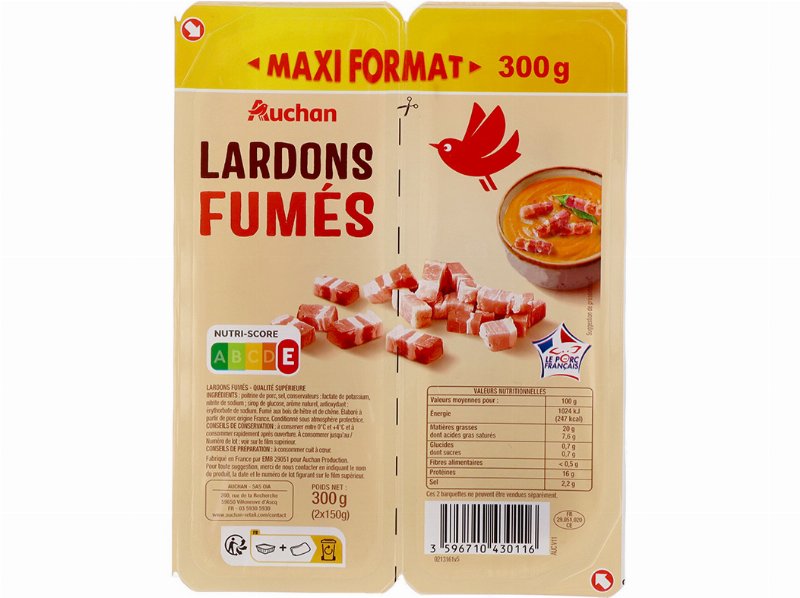 Tiras De Toucinho Fumado Auchan Extra 2X150 G