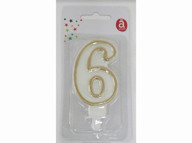 Vela Aniversário Nº 6 Actuel Branco C/Reb Dourado