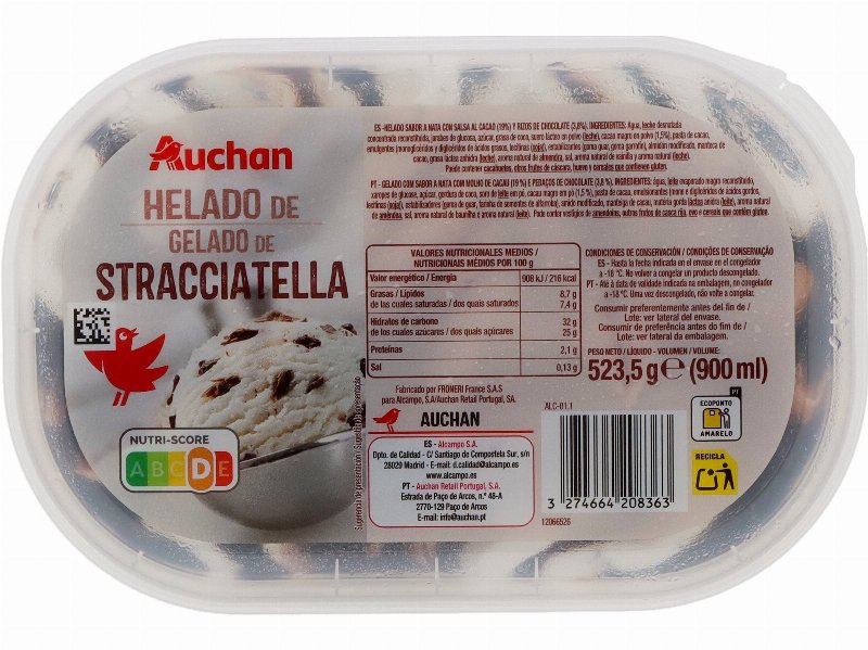 Gelado Auchan Stracciatella 900 ml