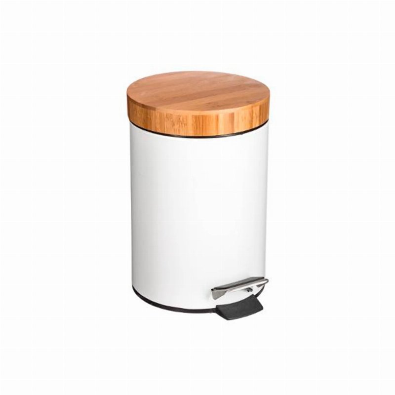 Balde Do Lixo Com Pedal Metal Branco/Bambu 3 l