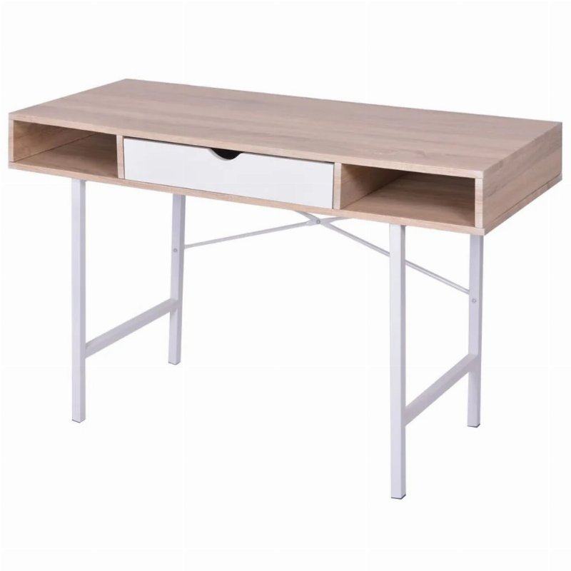 Hkh Mesa Com 1 Gaveta, Cor Em Madeira Carvalho E - Branco