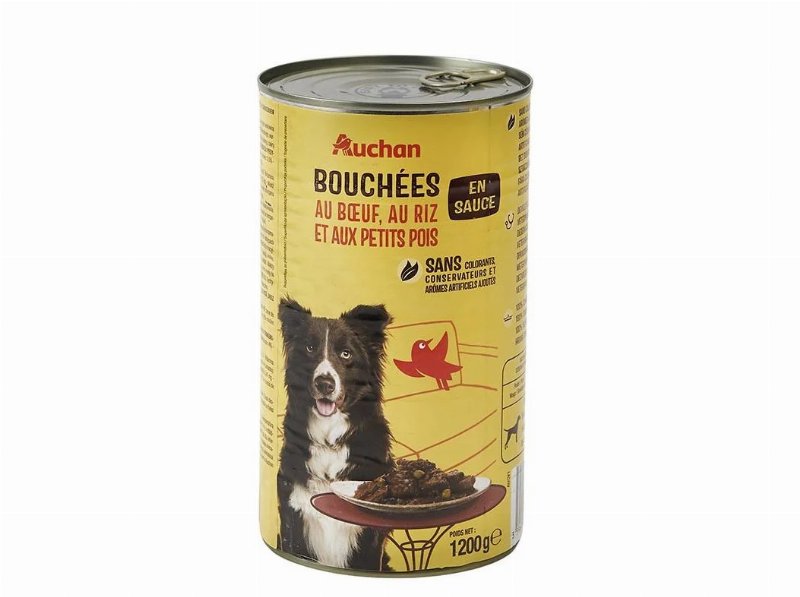 Comida Húmida Para Cão Auchan Pedaços Em Molho Com Vaca Com Arroz E Com Ervilhas 1200 g