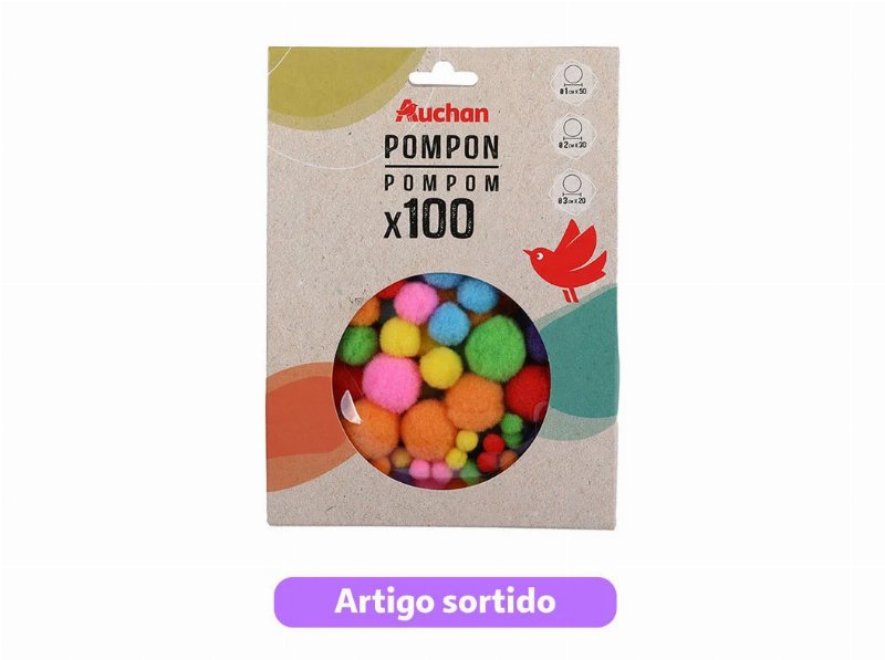 Pompons Auchan Clássico 100 Unidades Cores Sortidas