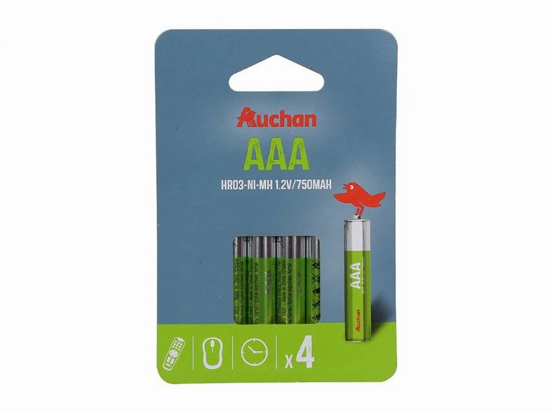 Pack 4 Pilhas Recarregável Hr3 Auchan Basic Aaa 750Mah