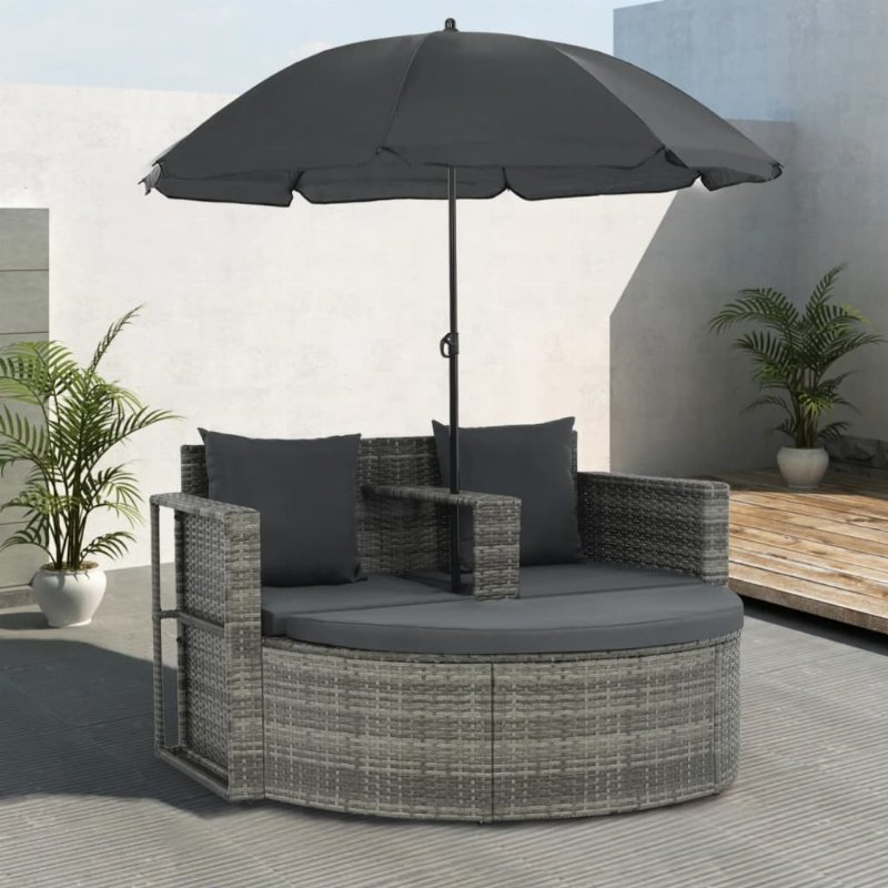 Hkh Sofá Jardim 2 Lugares Vime Pe Cinzento Almofadões E Guarda-Sol - Cinzeto