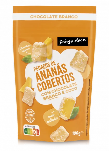 Pedaços De Ananás Cobertos Com Chocolate Branco E Coco Pingo Doce 0.1Kg