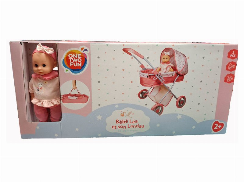 Boneco Bebé Com Carrinho One Two Fun 33Cm