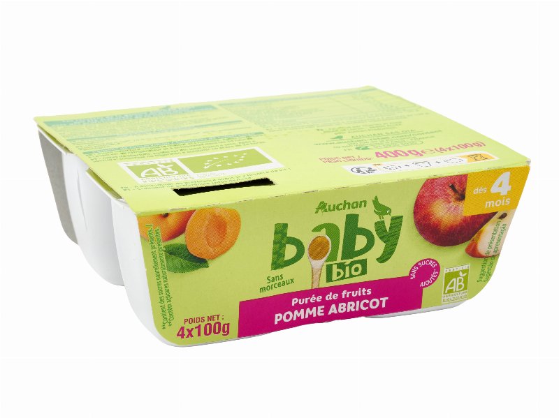 Tacinha Fruta Auchan Baby Bio Maçã E Alperce Sem Glúten 4X100 g
