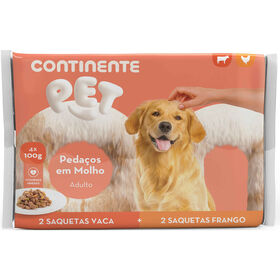 Comida Húmida Para Cão Adulto Pedaços Vaca E Frango Saquetas Continente Pet 4 X 100 g