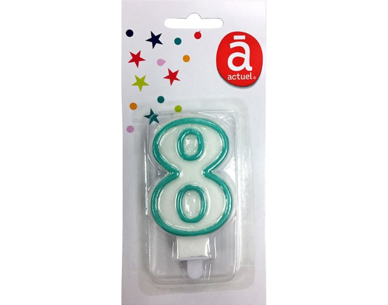 Vela De Aniversário Actuel Branco Com Rebordo Azul Número 8