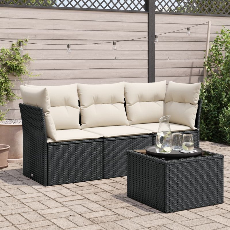 Hkh 4 Pcs Conjunto De Sofás Para Jardim C/Almofadões Vime Pe - Preto