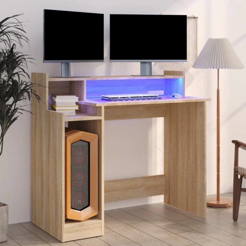 Hkh Secretária Com Luzes Led Madeira Processada Sonoma