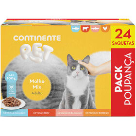 Comida Húmida Para Gato Adulto Molho Mix Saquetas Continente Pet 24 X 100 g