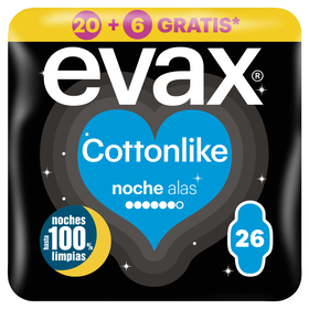 Pensos Higiénicos Cottonlike Noite Com Abas Evax 21 Un + 5 Un Grátis