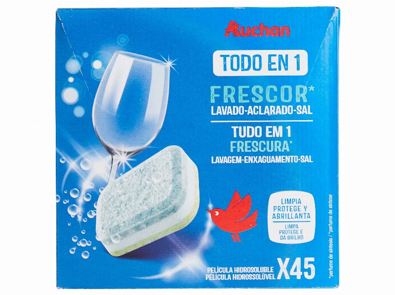 Detergente Auchan Máquina Loiça Pastilha Tudo Em 1 Frescura 45Un