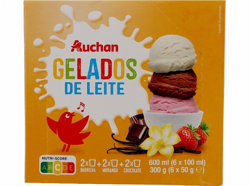 Gelados De Leite Auchan Chocolate Morango E Baunilha 6X100 ml