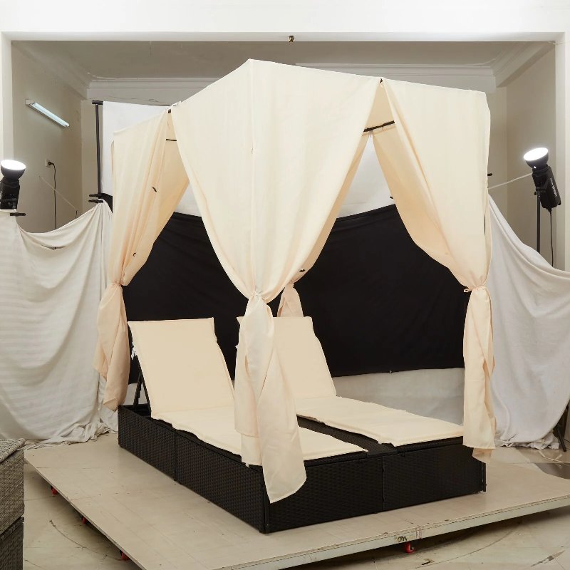Hkh Chaise Longue Dupla Com Teto E Cortinas Ratan - Preto