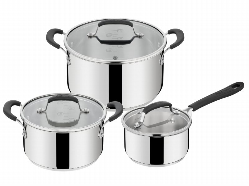 Trem De Cozinha Tefal Jamie Oliver Em Inox Com Tampas De Vidro Caçarola 16 Cm E Tachos 20/24 Cm