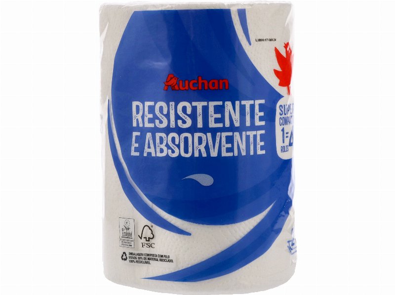 Rolo Cozinha Auchan Resistente E Absorvente 2 Folhas Super Compacto 1 Rolo = 4 Rolos
